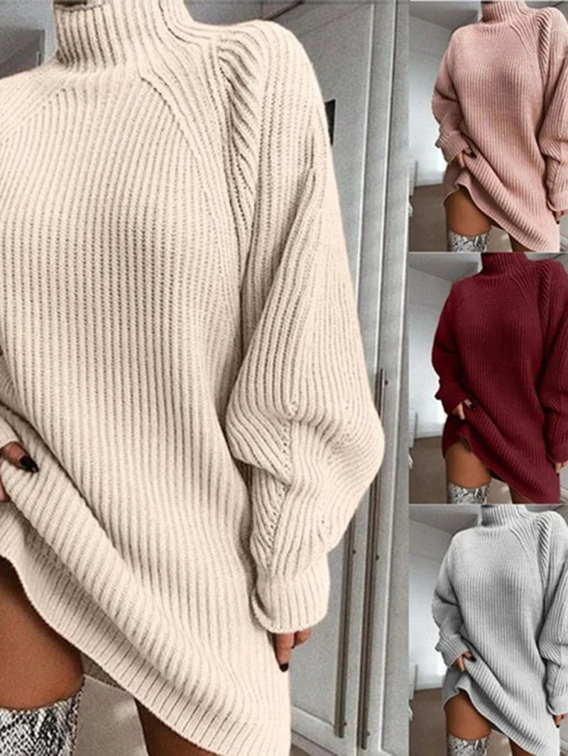 Chic Oversized Turtleneck Sweater Dress for Women - Elegant Mini Knit Dress for Autumn & Winter