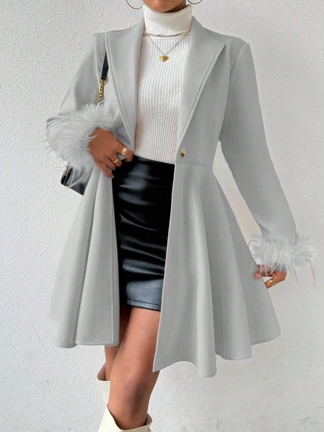 Privé Solid Color Wool Coat with Fringed Cuff and Single Button Closure