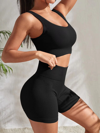 Elevate Your Workout: Seamless Ribbed 2-Piece Yoga Set for Women - Crop Tank & High Waist Shorts