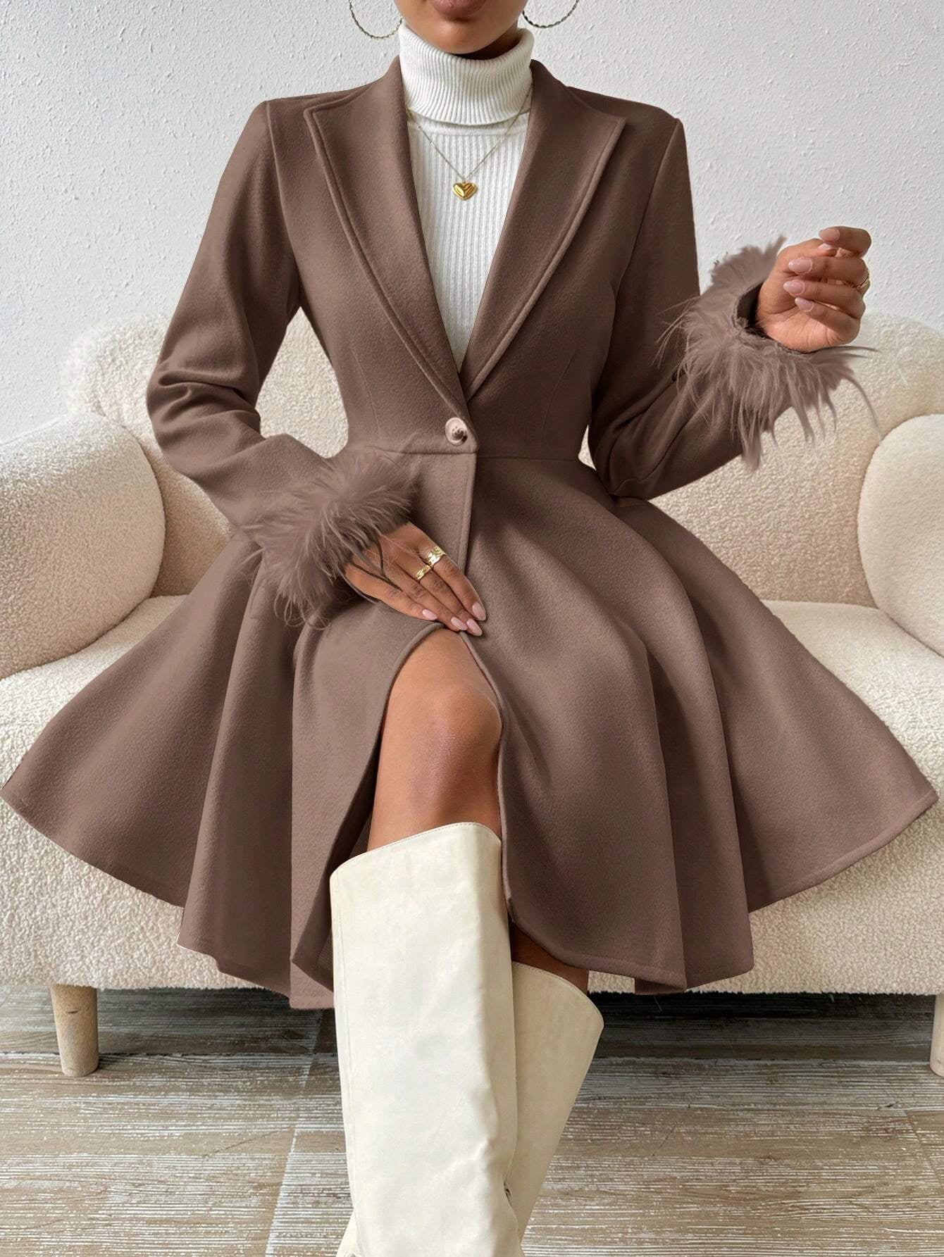 Privé Solid Color Wool Coat with Fringed Cuff and Single Button Closure