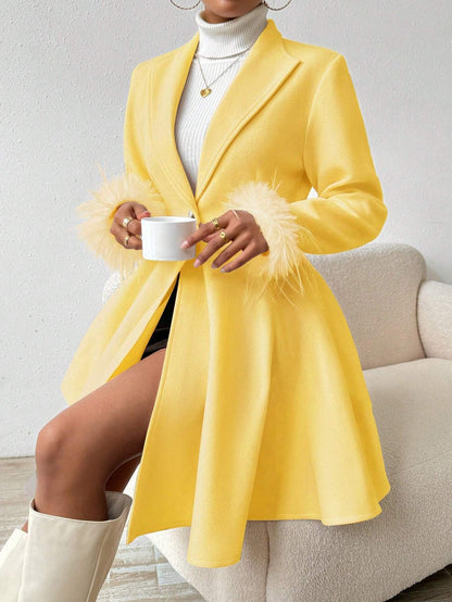 Privé Solid Color Wool Coat with Fringed Cuff and Single Button Closure