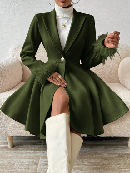 Privé Solid Color Wool Coat with Fringed Cuff and Single Button Closure