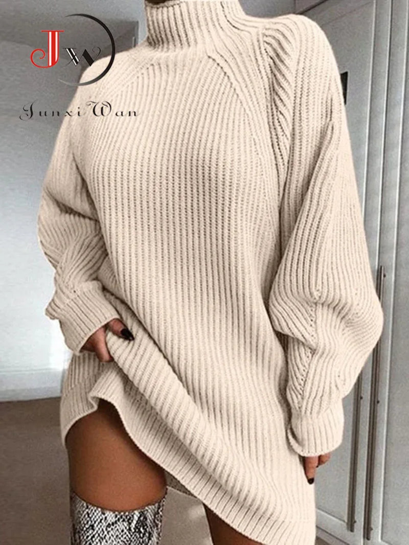 Chic Oversized Turtleneck Sweater Dress for Women - Elegant Mini Knit Dress for Autumn & Winter