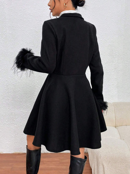 Privé Solid Color Wool Coat with Fringed Cuff and Single Button Closure