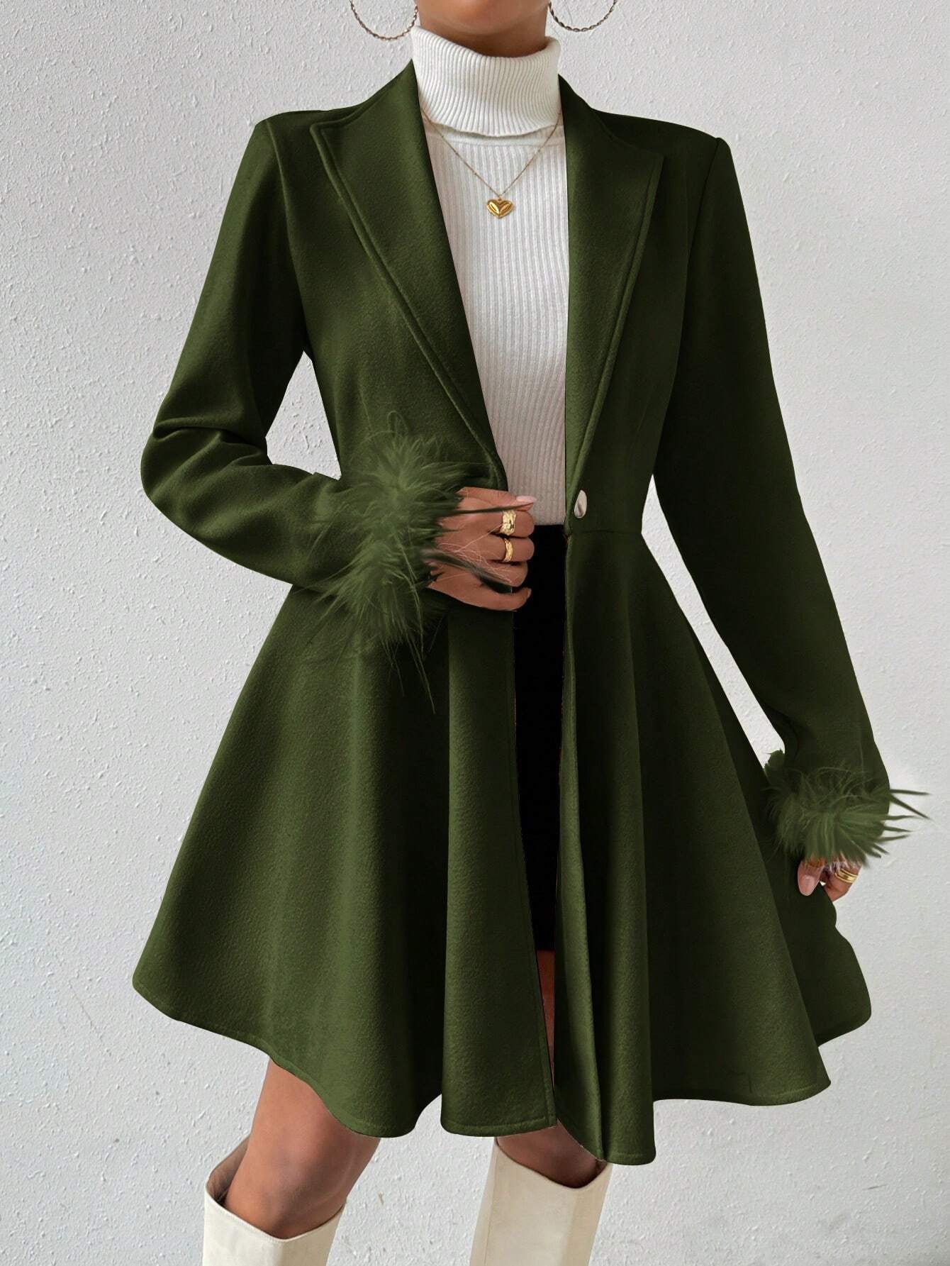 Privé Solid Color Wool Coat with Fringed Cuff and Single Button Closure