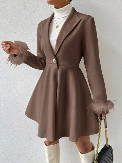 Privé Solid Color Wool Coat with Fringed Cuff and Single Button Closure