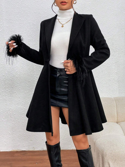 Privé Solid Color Wool Coat with Fringed Cuff and Single Button Closure