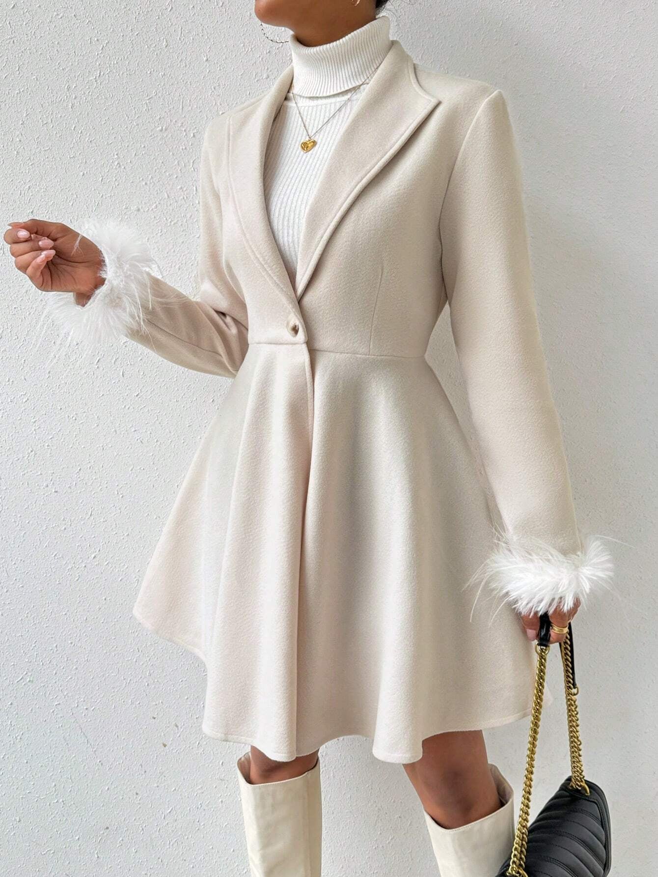 Privé Solid Color Wool Coat with Fringed Cuff and Single Button Closure