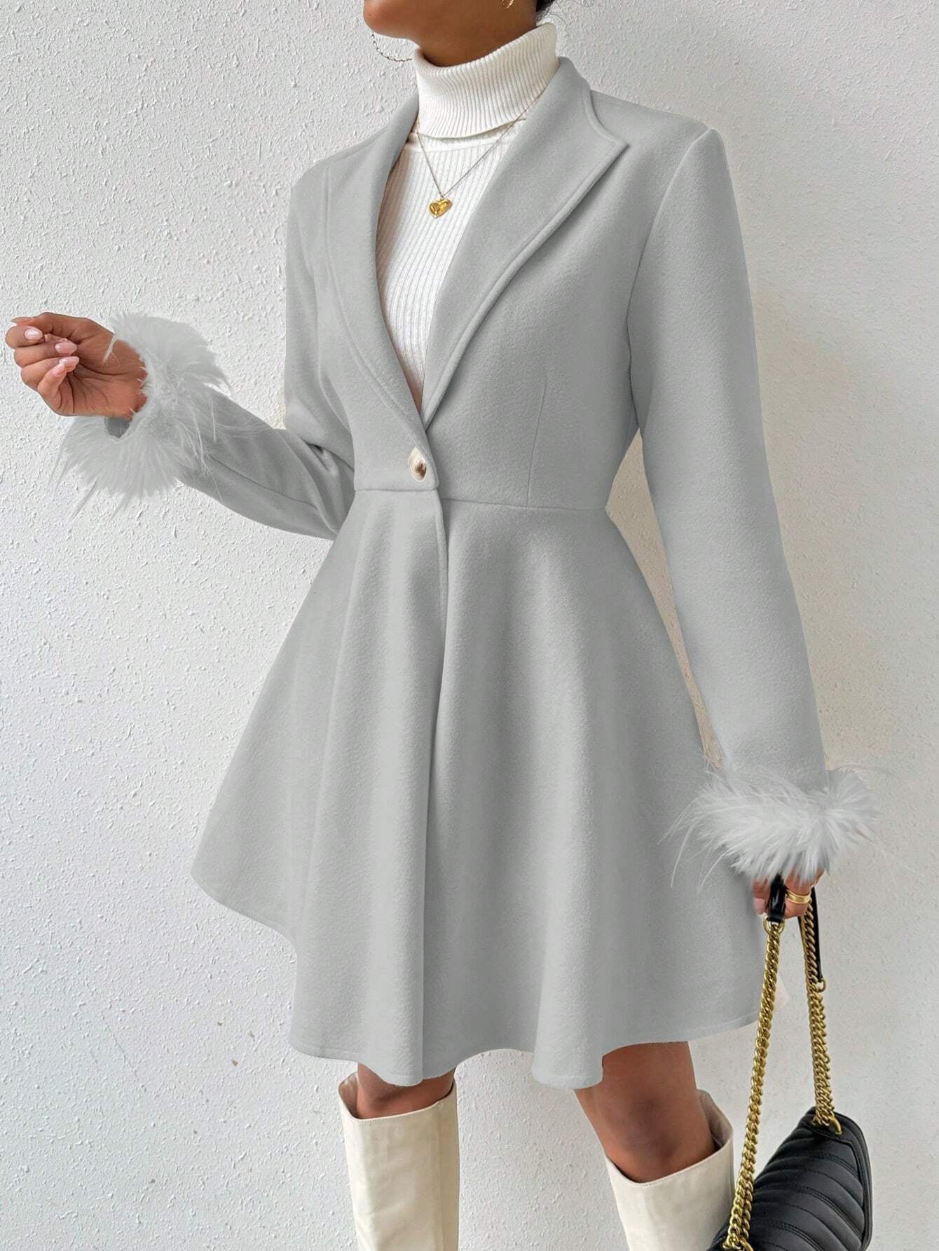 Privé Solid Color Wool Coat with Fringed Cuff and Single Button Closure