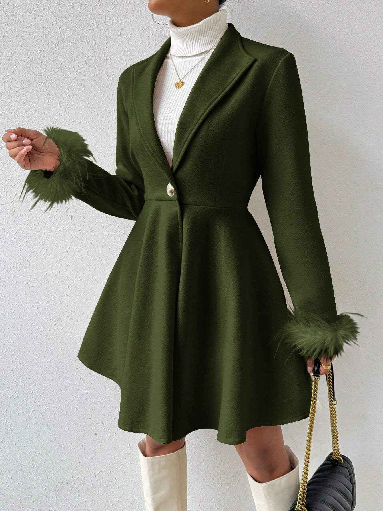 Privé Solid Color Wool Coat with Fringed Cuff and Single Button Closure