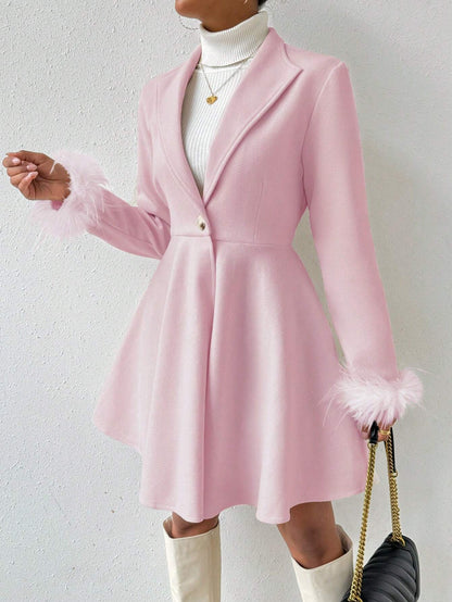 Privé Solid Color Wool Coat with Fringed Cuff and Single Button Closure