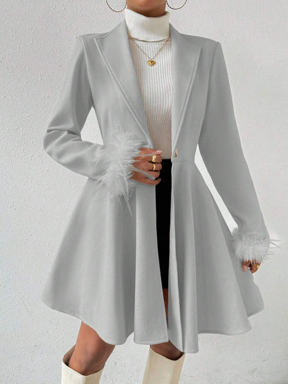 Privé Solid Color Wool Coat with Fringed Cuff and Single Button Closure