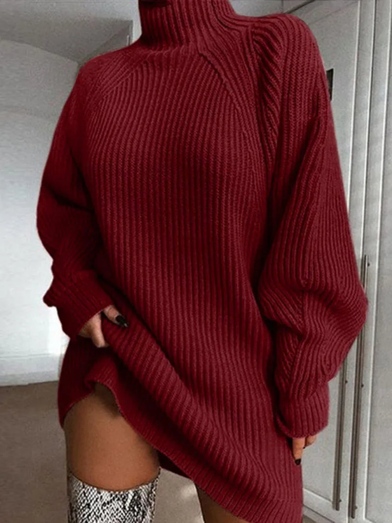 Chic Oversized Turtleneck Sweater Dress for Women - Elegant Mini Knit Dress for Autumn & Winter