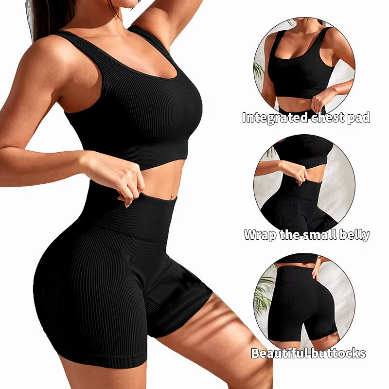 Elevate Your Workout: Seamless Ribbed 2-Piece Yoga Set for Women - Crop Tank & High Waist Shorts