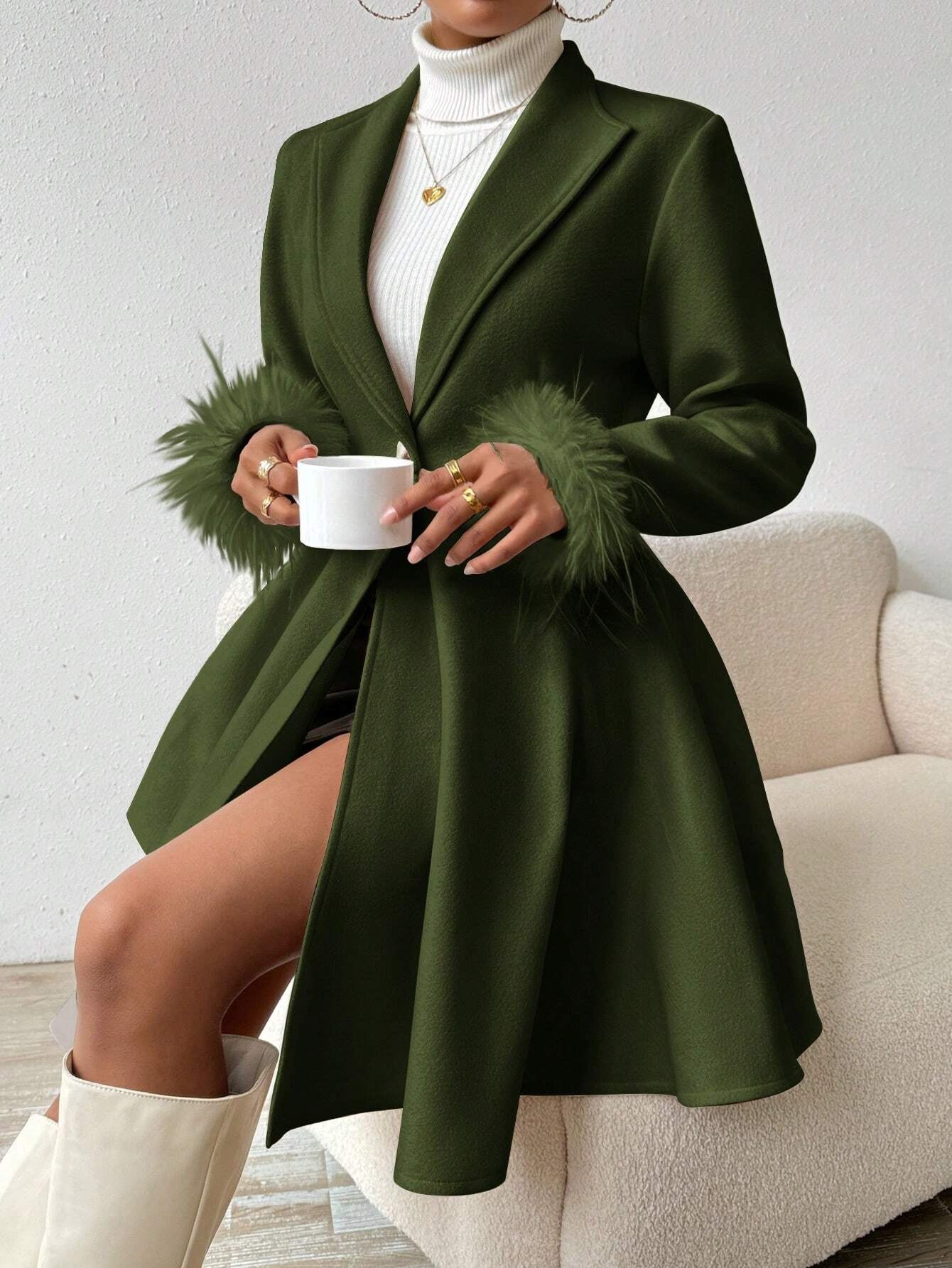 Privé Solid Color Wool Coat with Fringed Cuff and Single Button Closure