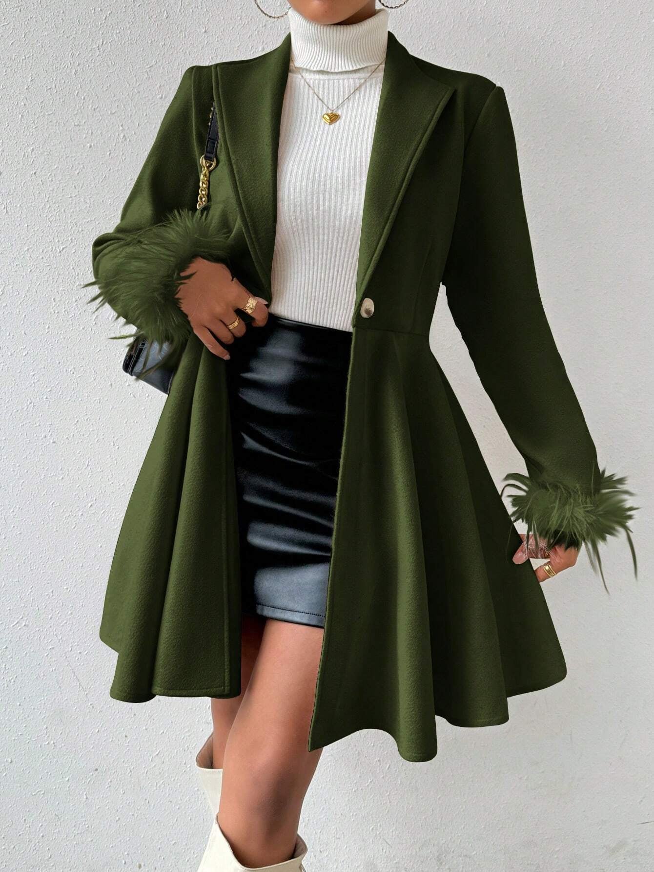 Privé Solid Color Wool Coat with Fringed Cuff and Single Button Closure